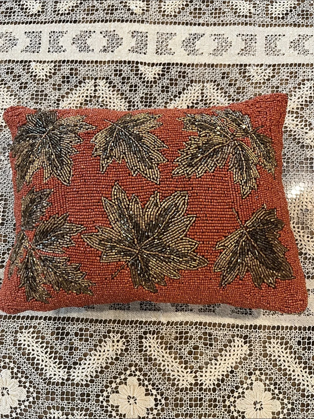 Autumn Hill Orange with Gold Leaves Ornate Beaded Accent Pillow Fall Decor